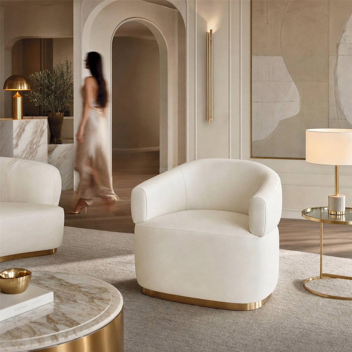 Fauteuil enveloppant socle en métal MODERN blanc et doré, RECOLLECTION