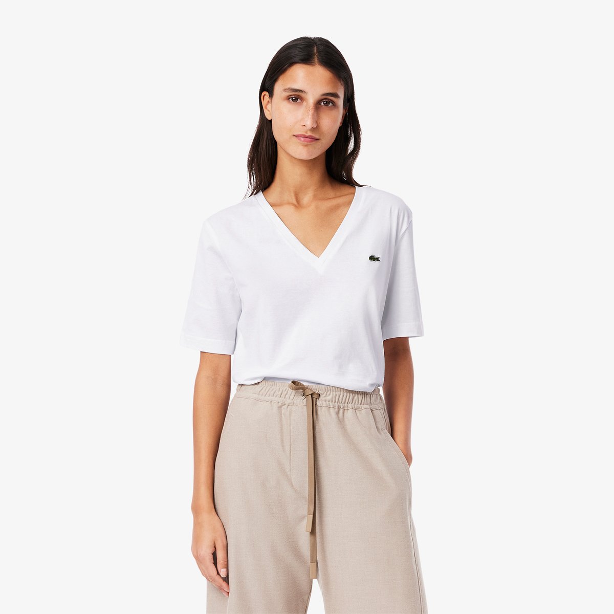 T-shirt relaxed fit coton doux col V blanc-001, LACOSTE