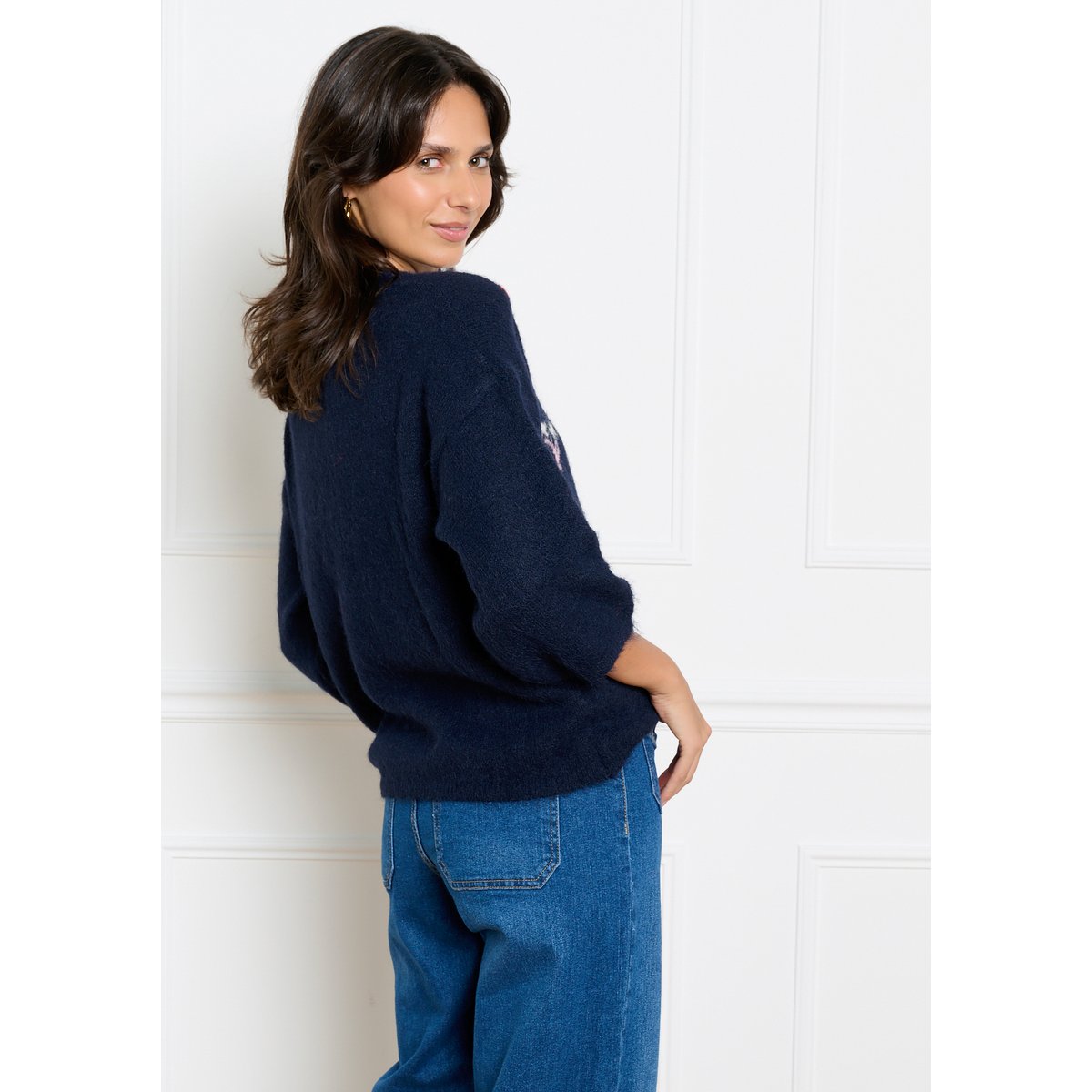 Pull jacquard fleuri bleu marine, LOLALIZA