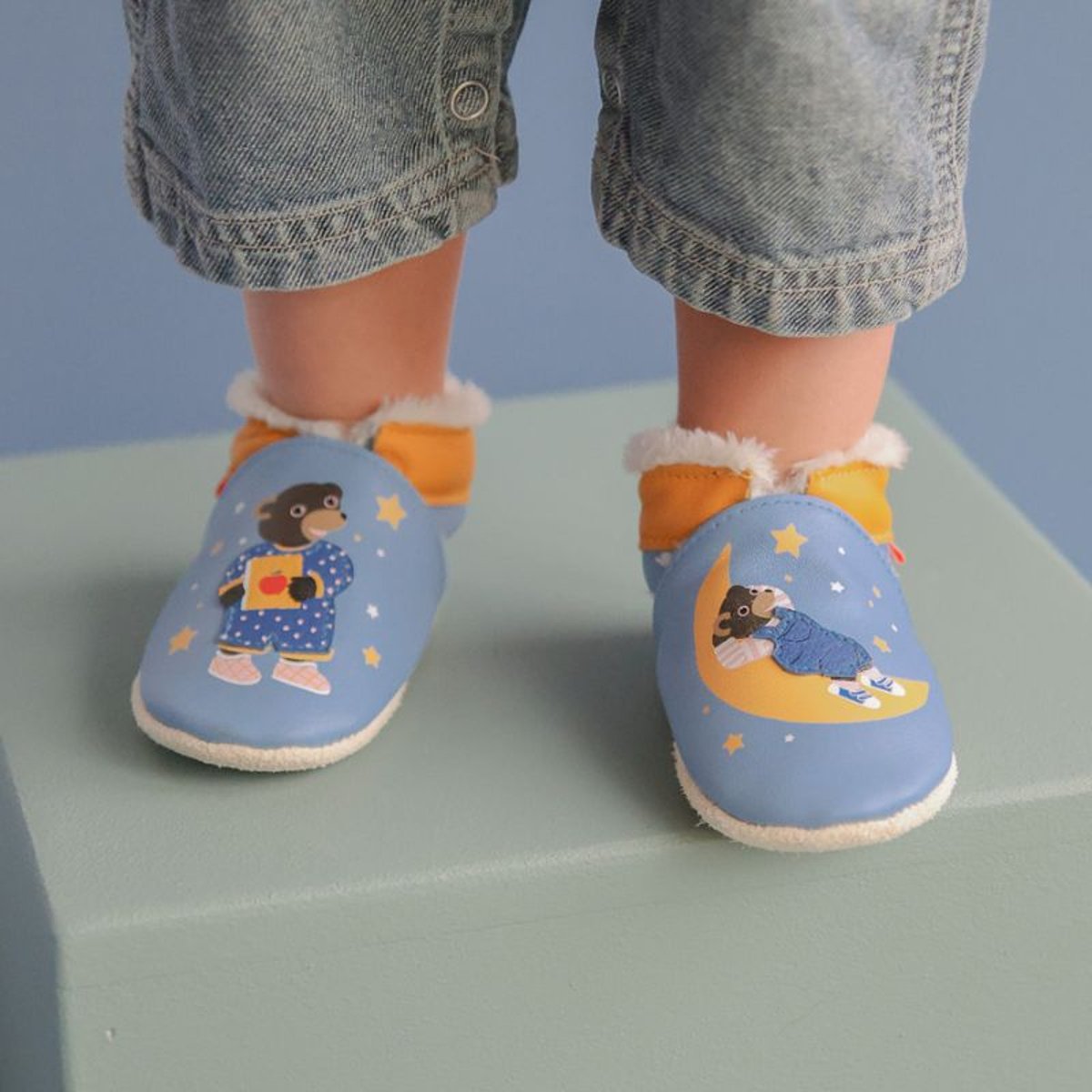 Chaussons cuir souple Petit Ours Brun bleu, TICHOUPS