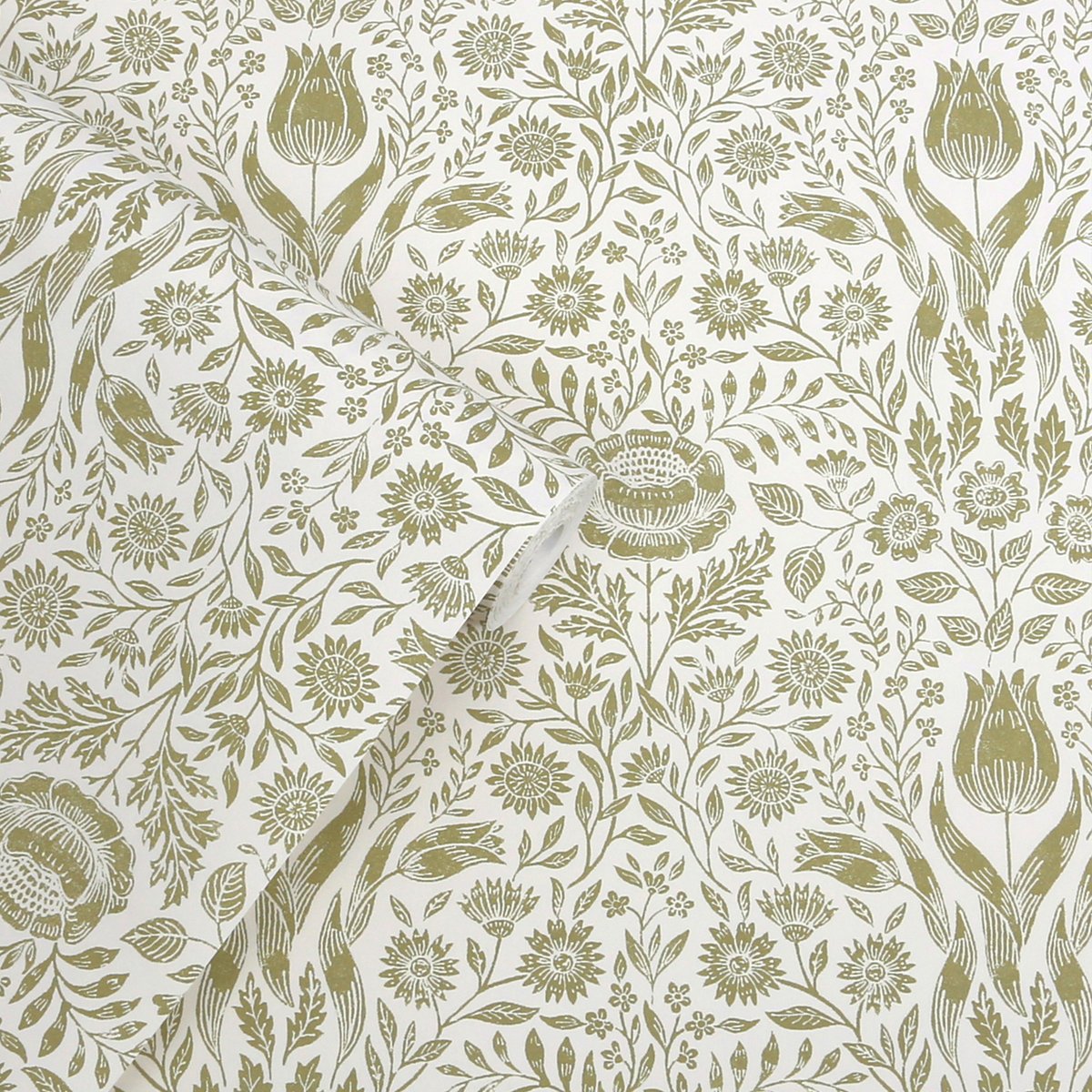 Papier peint damassé fleurs de tulipe Ashstead vert ocré, LAURA ASHLEY