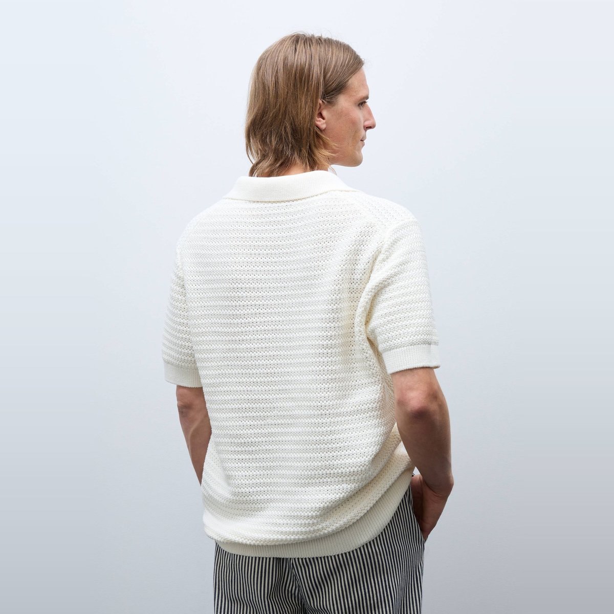 Pull sans manches col polo en maille fantaisie ecru, MONOPRIX