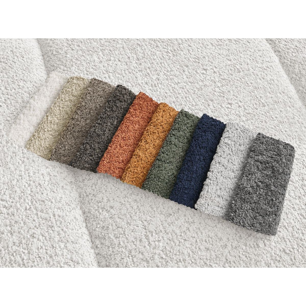 Canapé droit fixe 3 places en tissu bouclette avec pouf, PAMIRA blanc, BOBOCHIC
