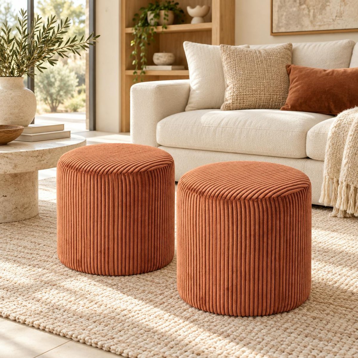 Pouf rond velours côtelé rouille (lot de 2) MALMOE brique, PIER IMPORT