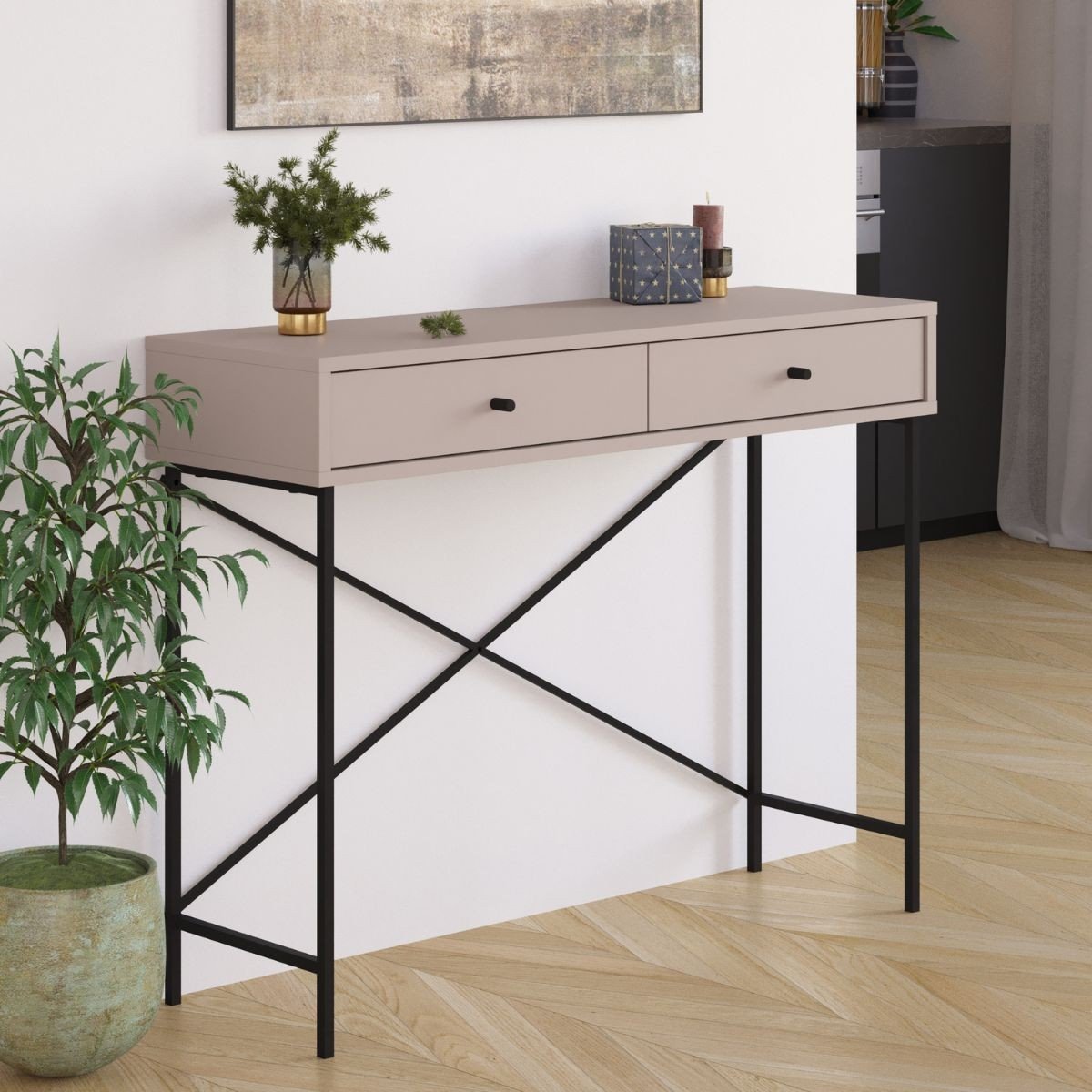 Console 2 Tiroirs Couleur moka et Pieds en Métal L110 cm - Titan marron, CALICOSY