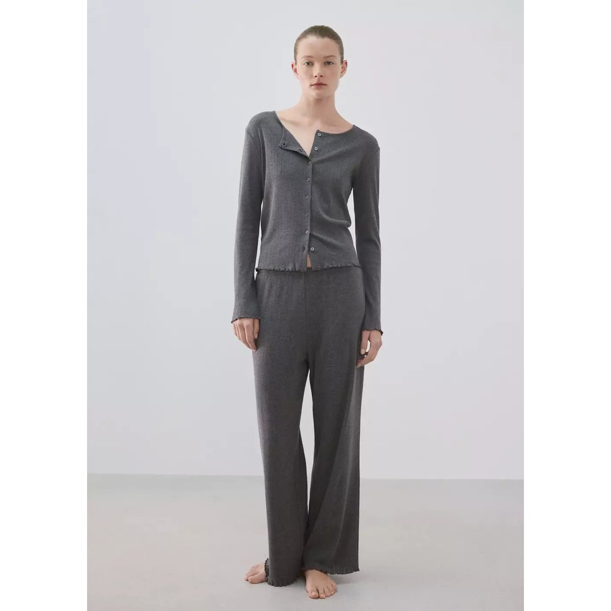 Pantalon de pyjama en coton ajouré gris, MANGO