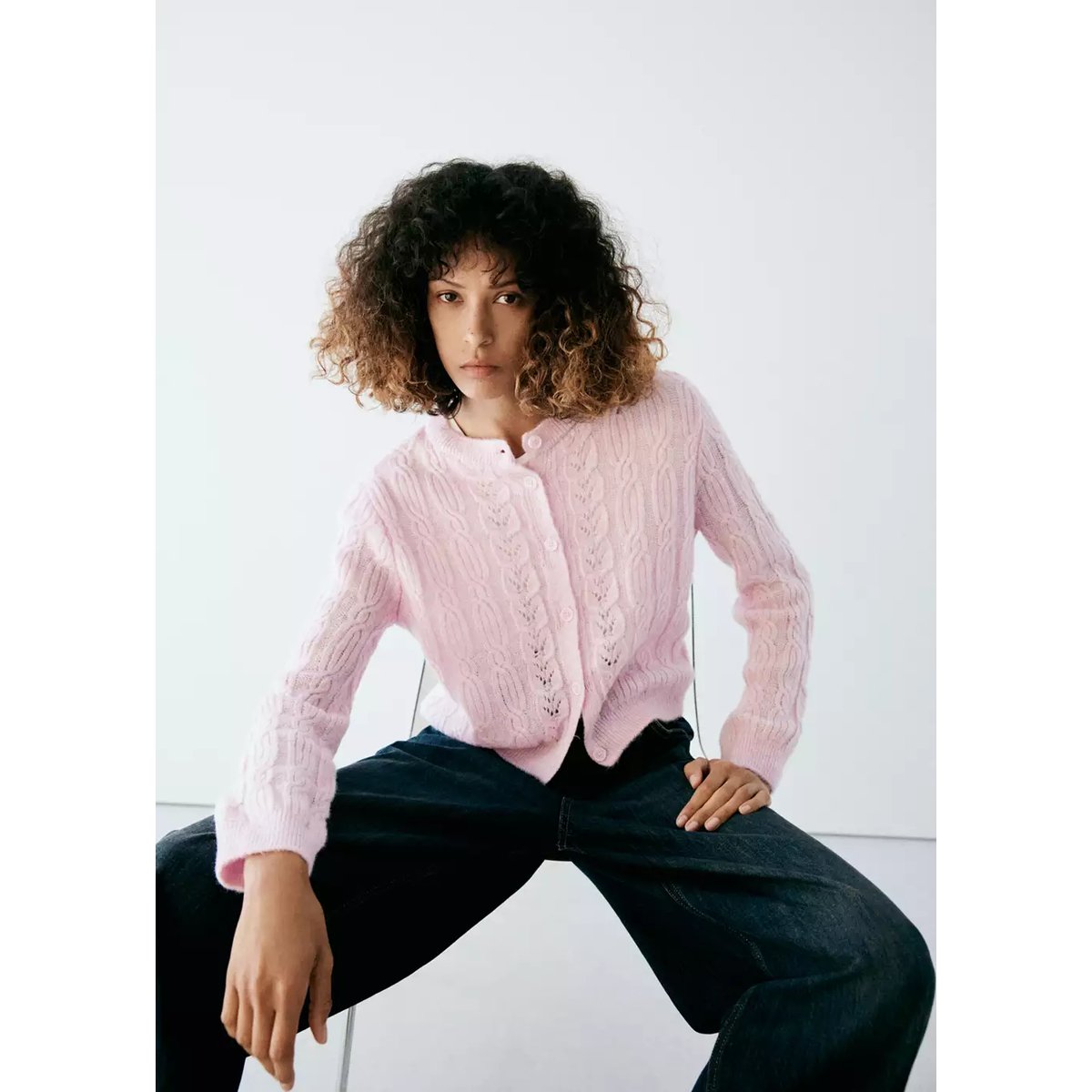 Cardigan maille torsadée rose pastel, MANGO