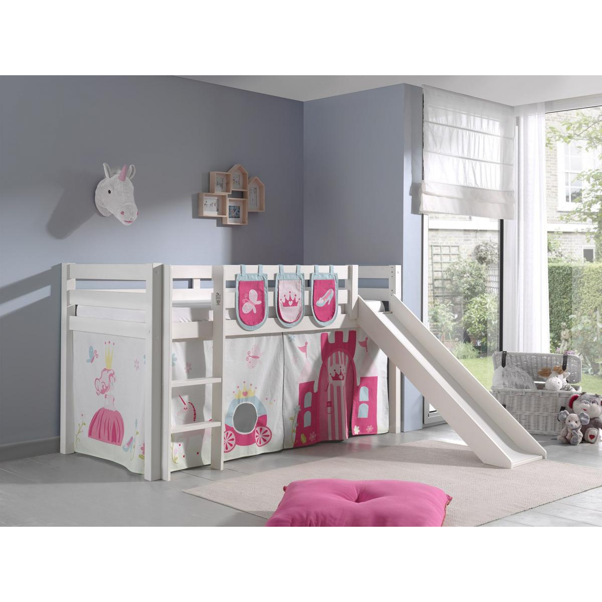 PINO Lit mezzanine avec toboggan pin massif + Little princess rideau et 3 pochettes couleur unique, VIPACK