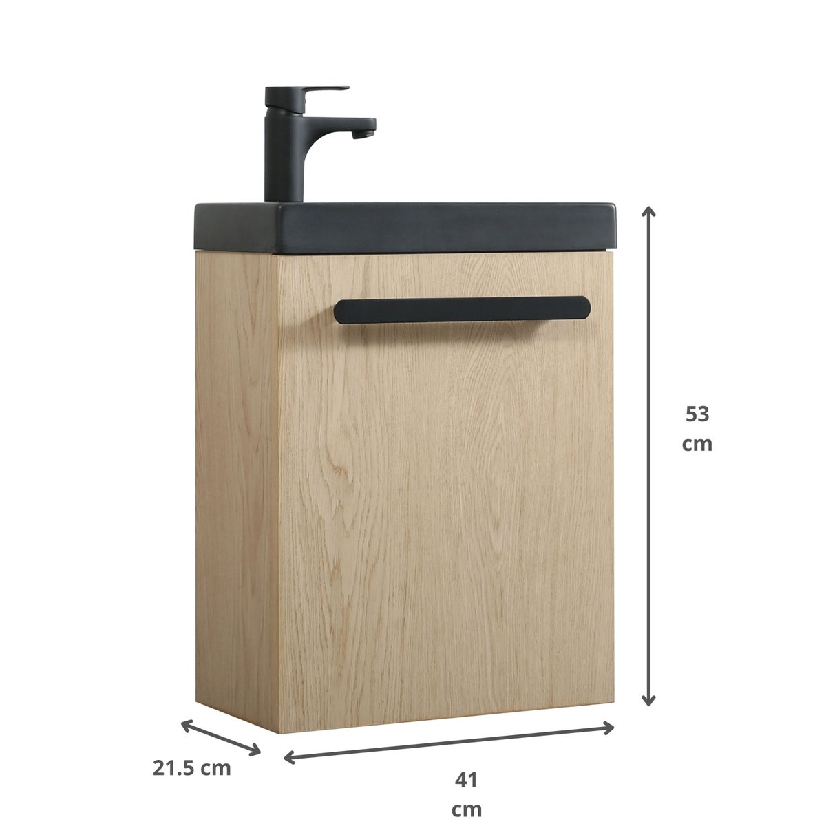 Meuble lave-mains suspendu avec poignée porte serviette NEVADA décor chêne (vasque noire), MOB IN