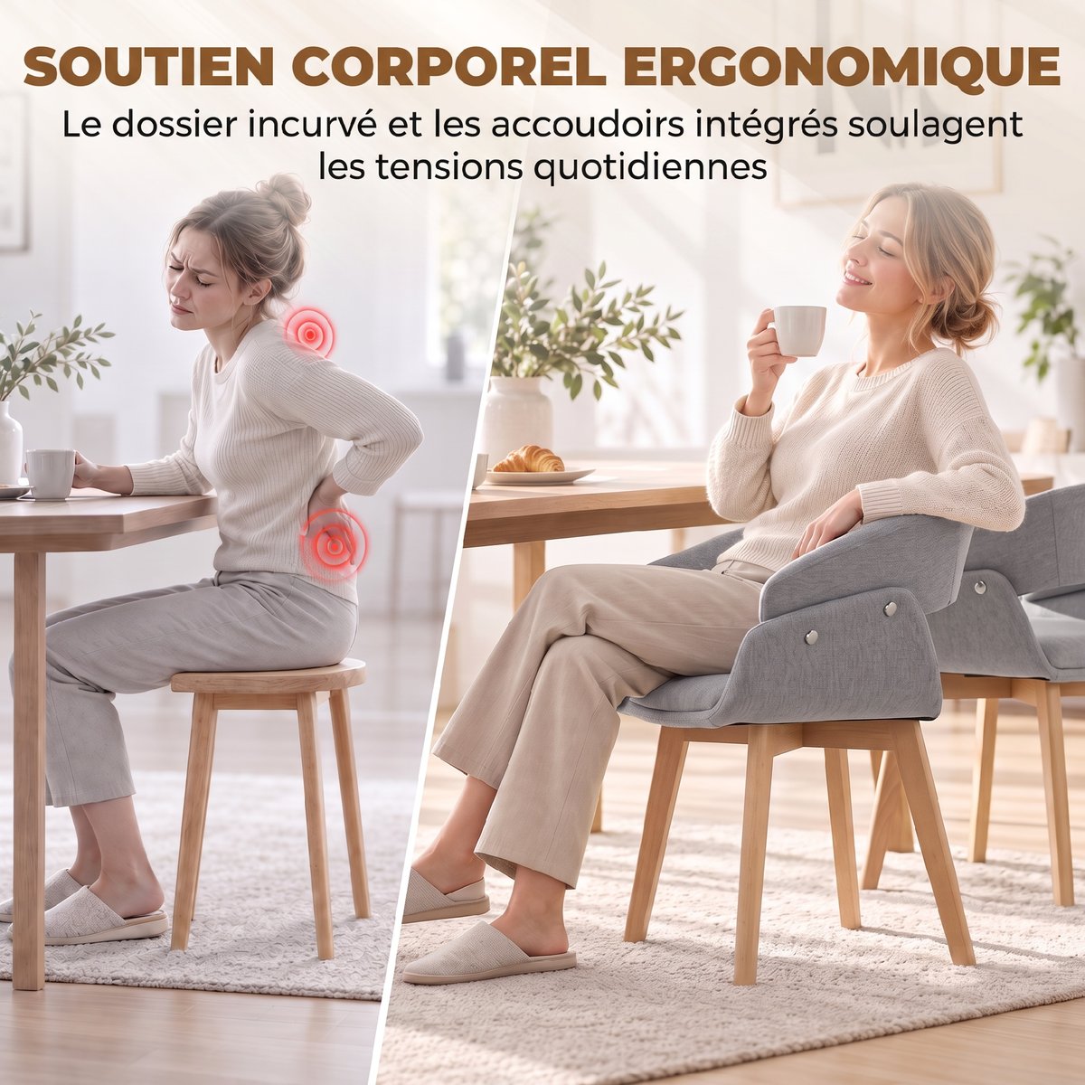 Chaise de salle à manger Tissu aspect lin gris clair, bois naturel, HOMCOM