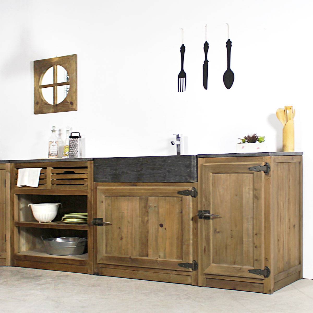 Meuble bas de cuisine en bois recyclé et pierre bleue CHAMPÊTRE bois clair, MADE IN MEUBLES