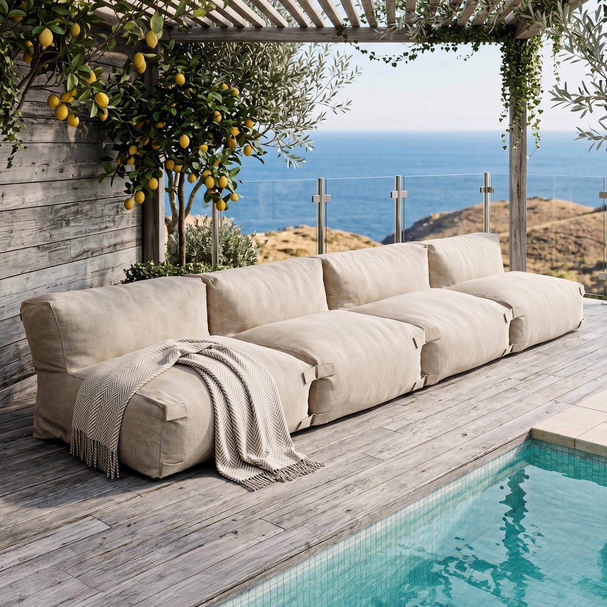 Salon de jardin modulable avec 4 chauffeuses, MIXI beige, OVIALA