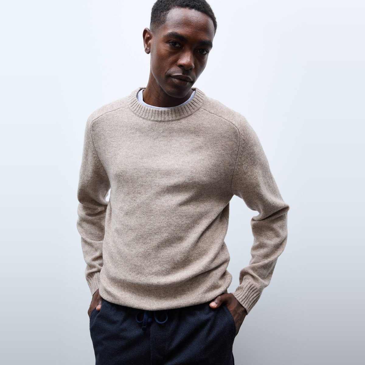 Pull col rond en laine beige, MONOPRIX