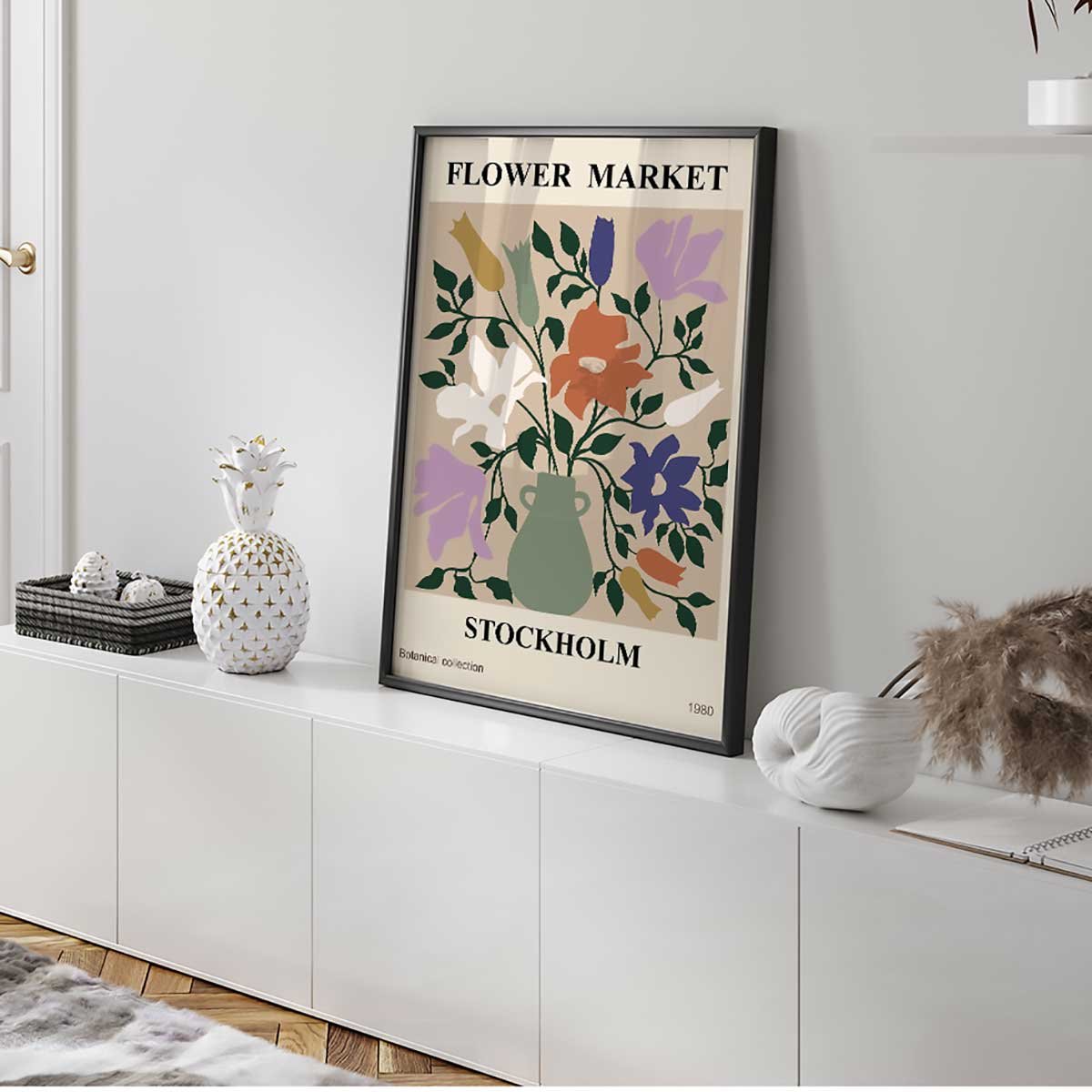 Affiche encadrée bouquet stockholm vintage affiche + cadre en métal - noir, HEXOA