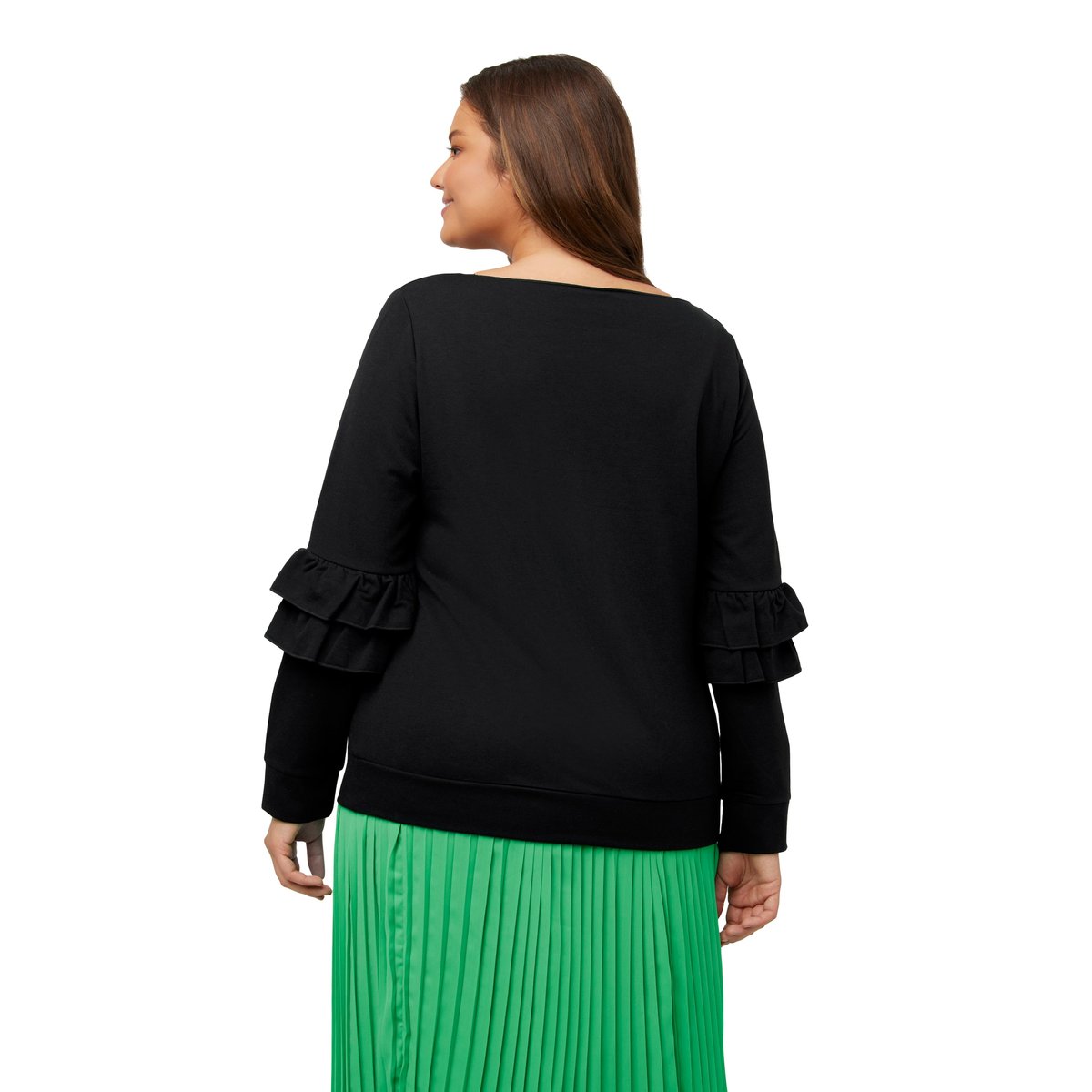 Sweat-shirt, ruché, col en V, manches longues noir, ULLA POPKEN
