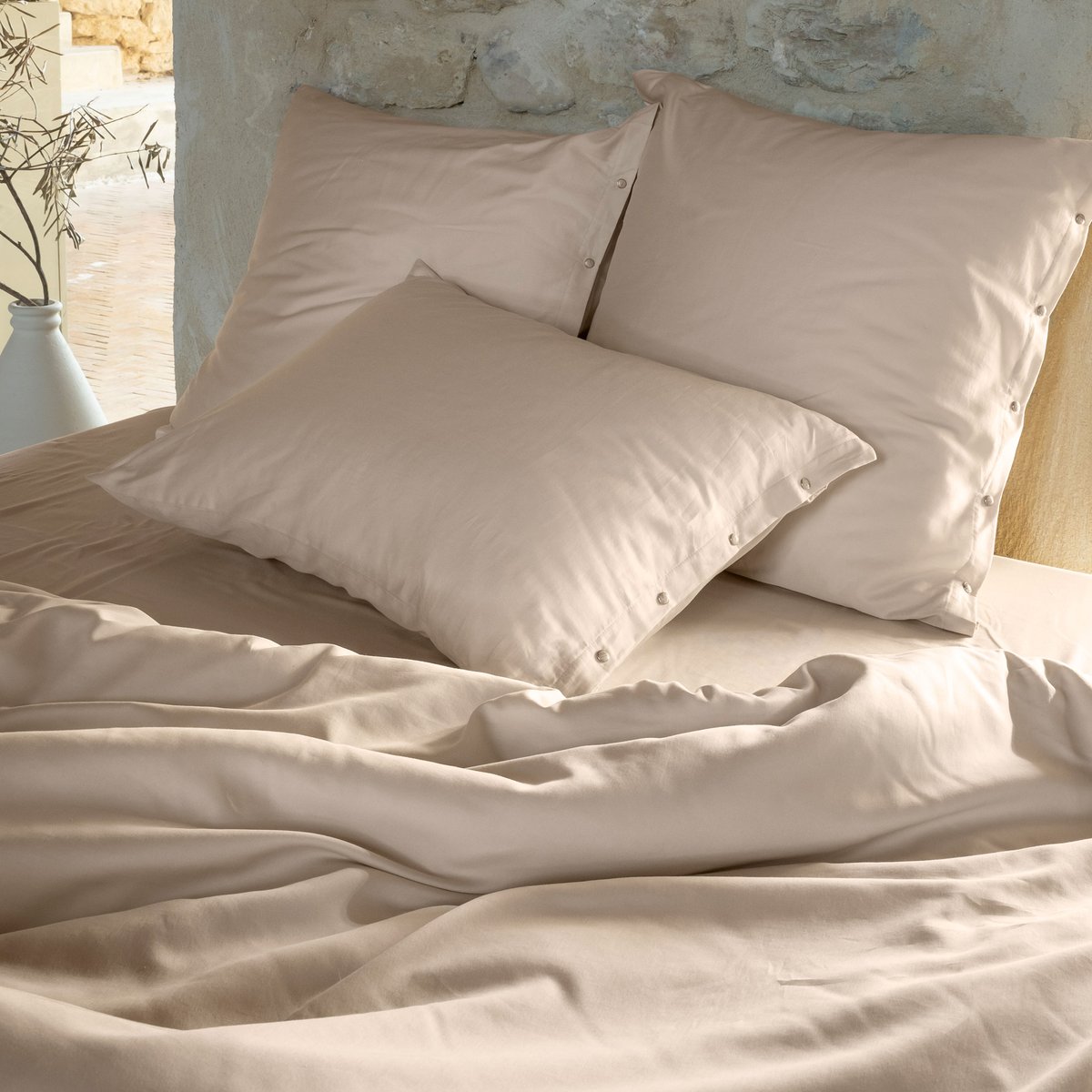Taie d'oreiller rectangulaire satin de coton bio lavé QUARTZ dune, CARRE BLANC