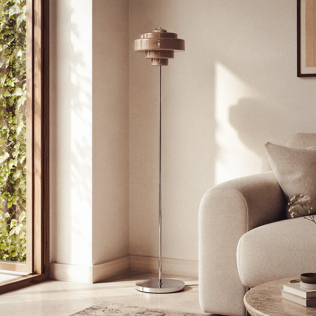 Lampadaire en verre et métal H150cm- ELLA taupe, DRAWER