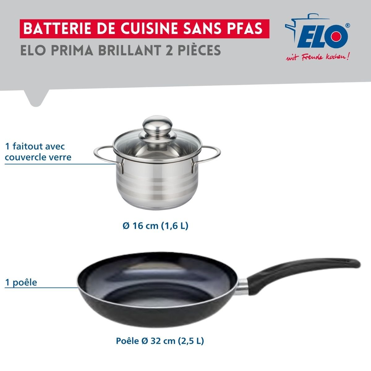 Batterie de cuisine 1 poêle 32cm + 1 faitout 16cm PRIMA BRILLANT noir, ELO