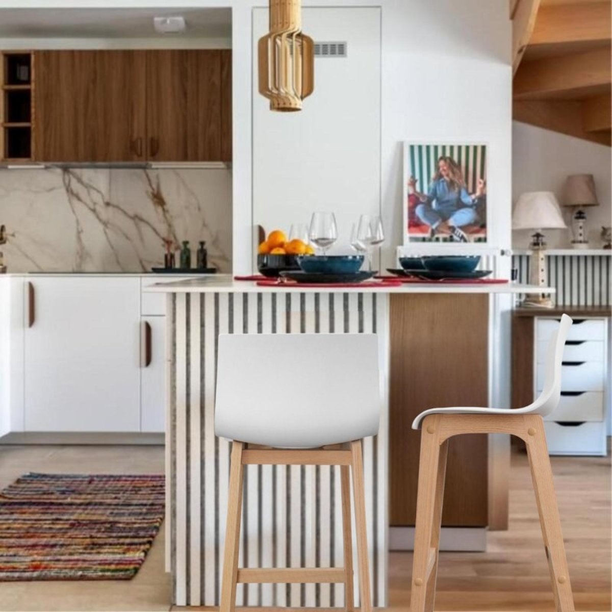 Lot de tabourets de bar en chêne et assise plastique blanche 75cm TANNA|Lot de 8 | Lot de 8 blanc, MOB IN