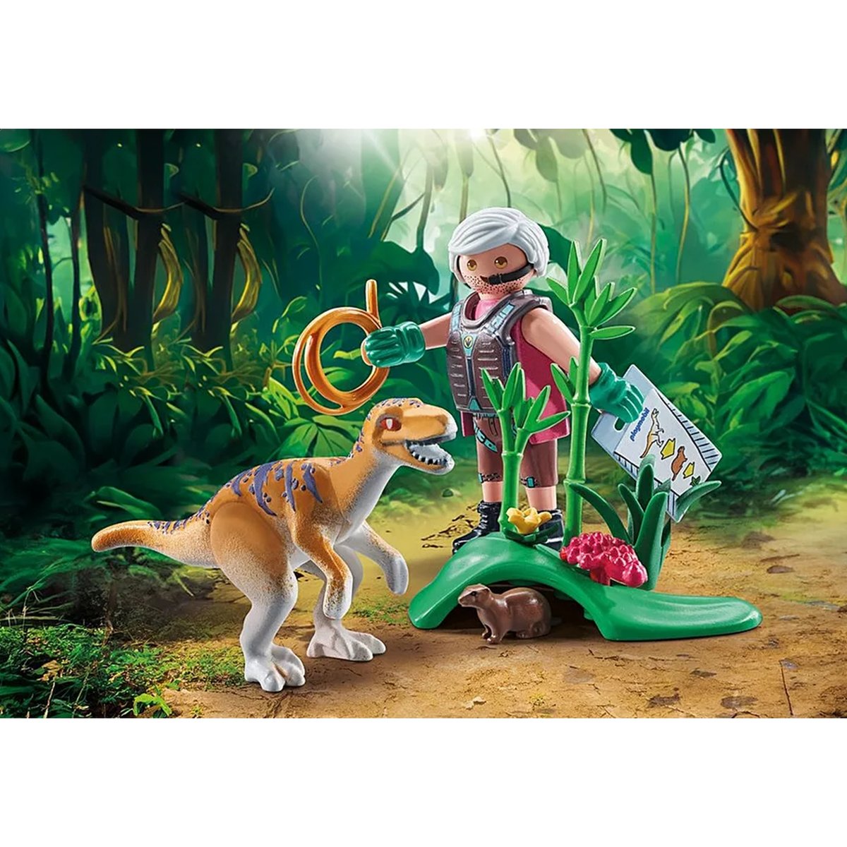 Vélociraptor, explorateur avec lasso et marmotte multicolore, PLAYMOBIL