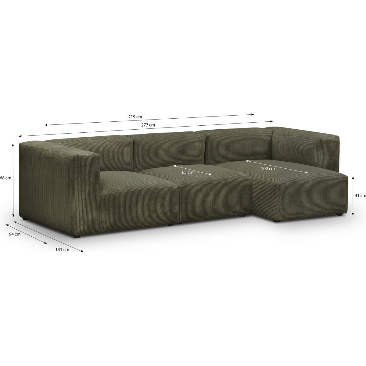 Canapé d'angle à droite modulable 4 places en velours côtelé - MODULO vert kaki, HOMIFAB