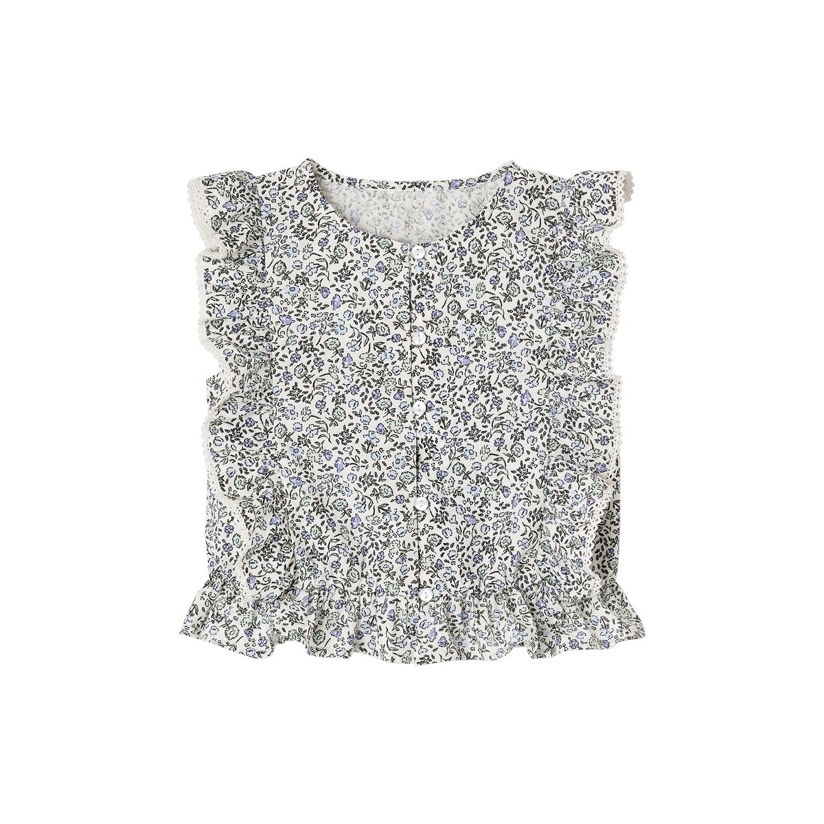 Ensemble blouse + short cérémonie bleu imprimé, VERTBAUDET