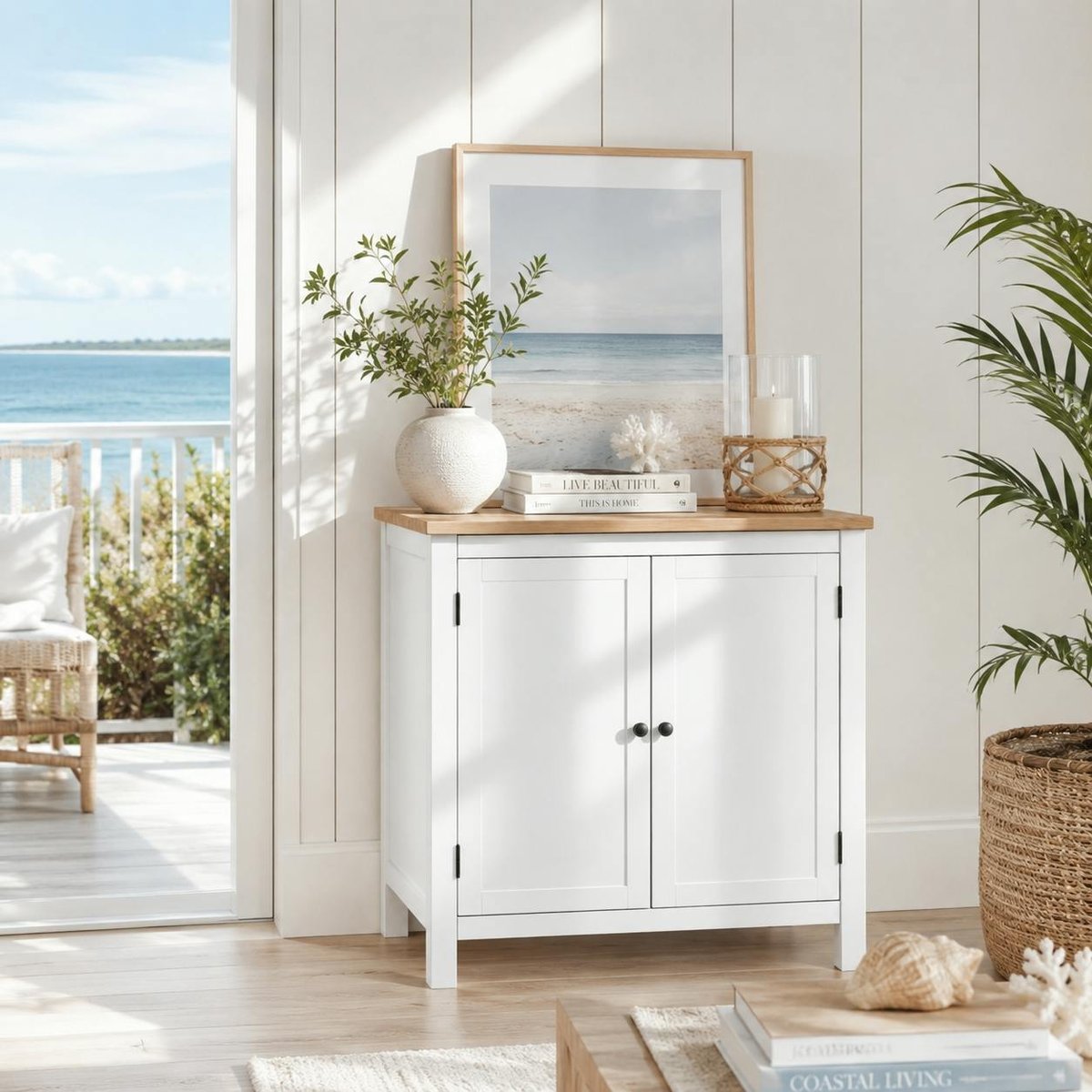 Petit buffet blanc 2 portes à encadrement VENZA blanc, PIER IMPORT