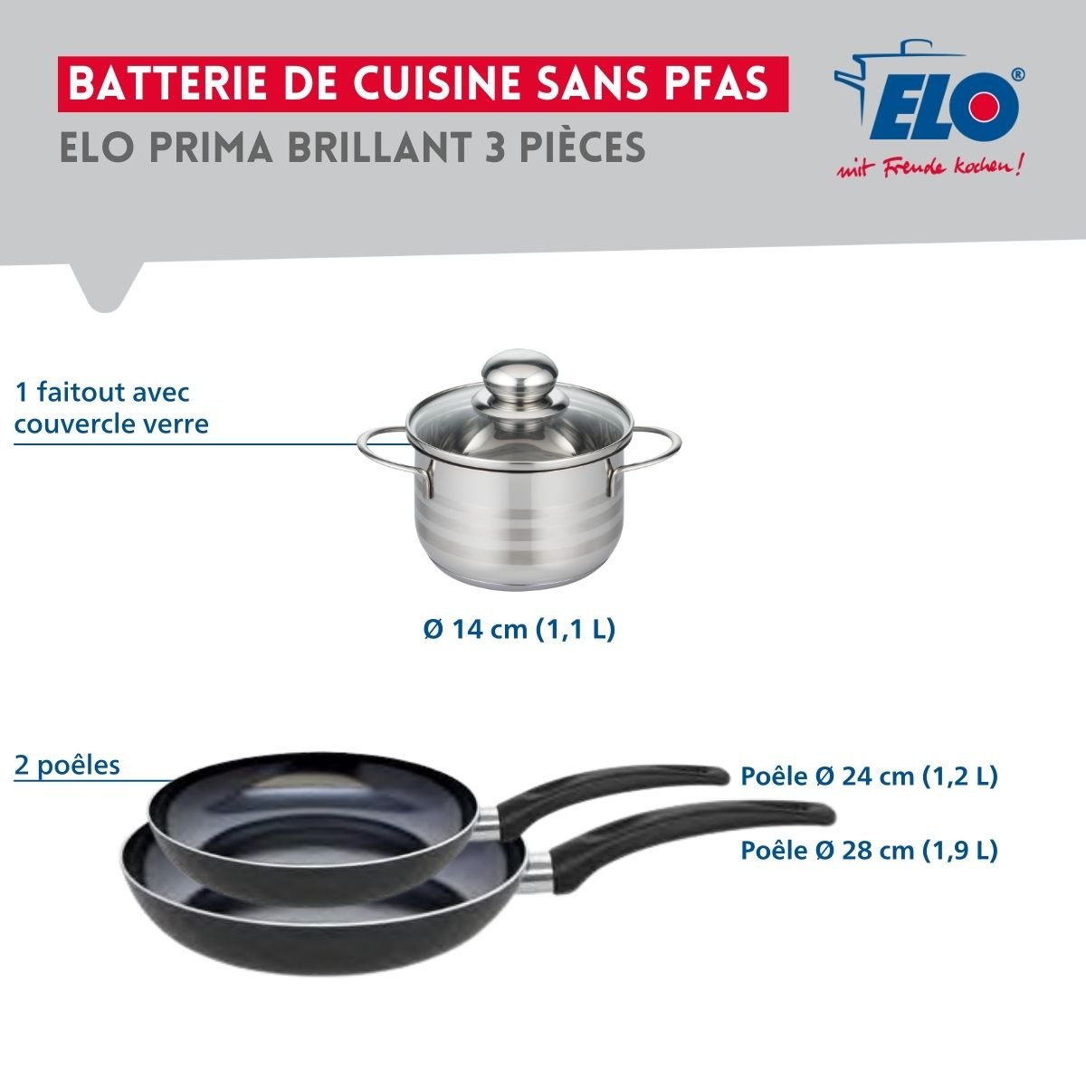 Batterie 2 poêles 24/28cm + 1 faitout 14cm PRIMA BRILLANT noir, ELO