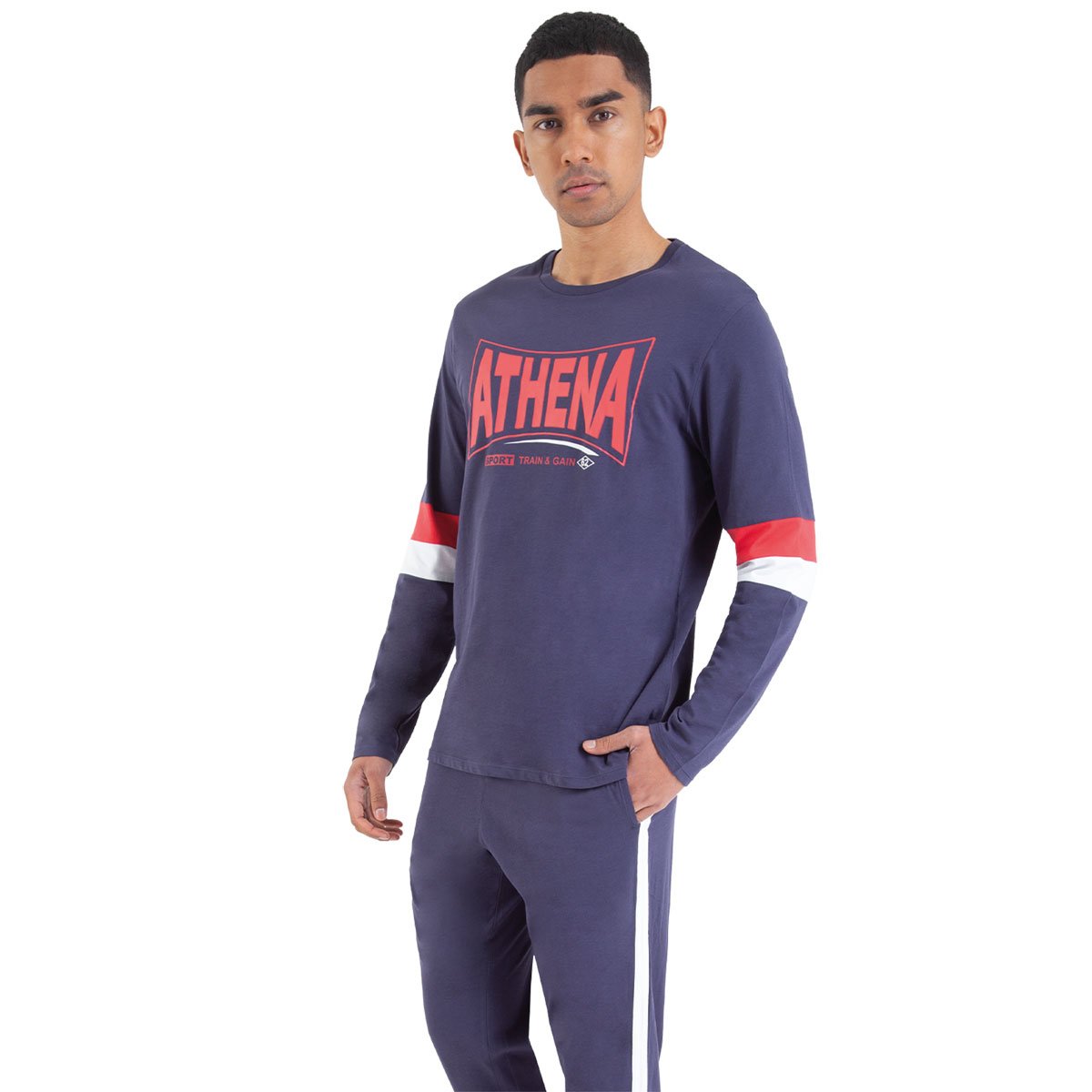 Pyjama long gros logo bleu marine + rouge, ATHENA