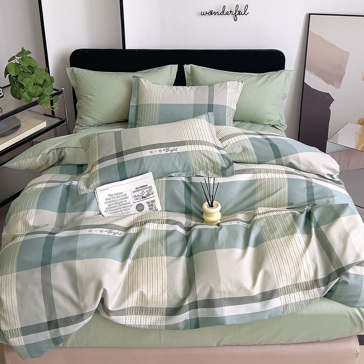 Parure de lit en percale de coton imprimé carreaux vert, Althé multicolore, C DESIGN HOME TEXTILE