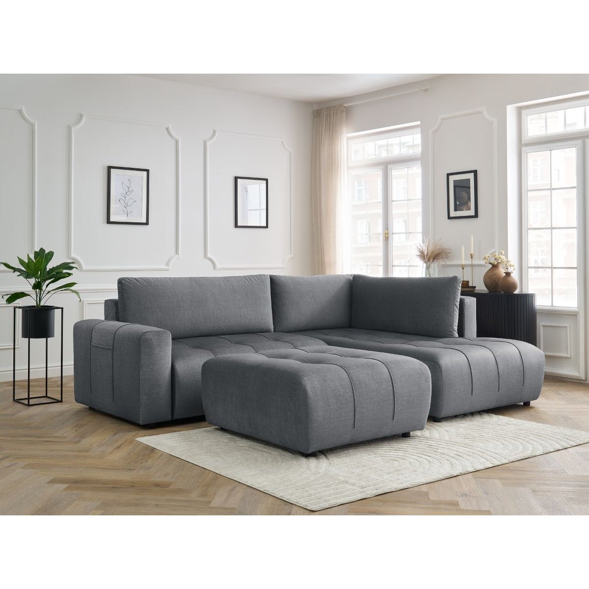 Canapé d'angle convertible 4 places en velours avec pouf, ARSENE gris foncé, BOBOCHIC