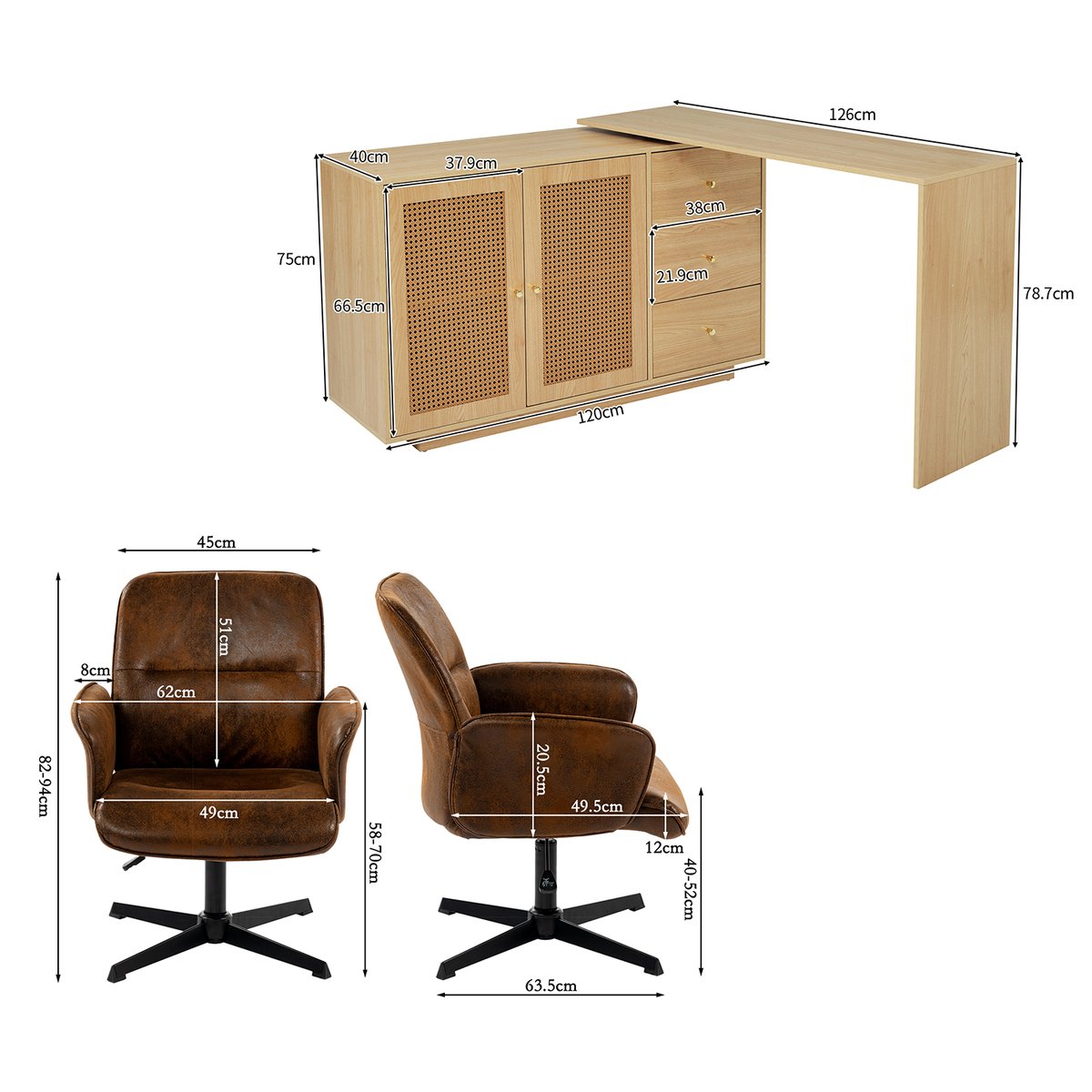 Ensemble de bureau d’angle rotatif avec portes rotin et chaise de bureau, DICCPERNTHOMASINAM marron, MEUBLES COSY