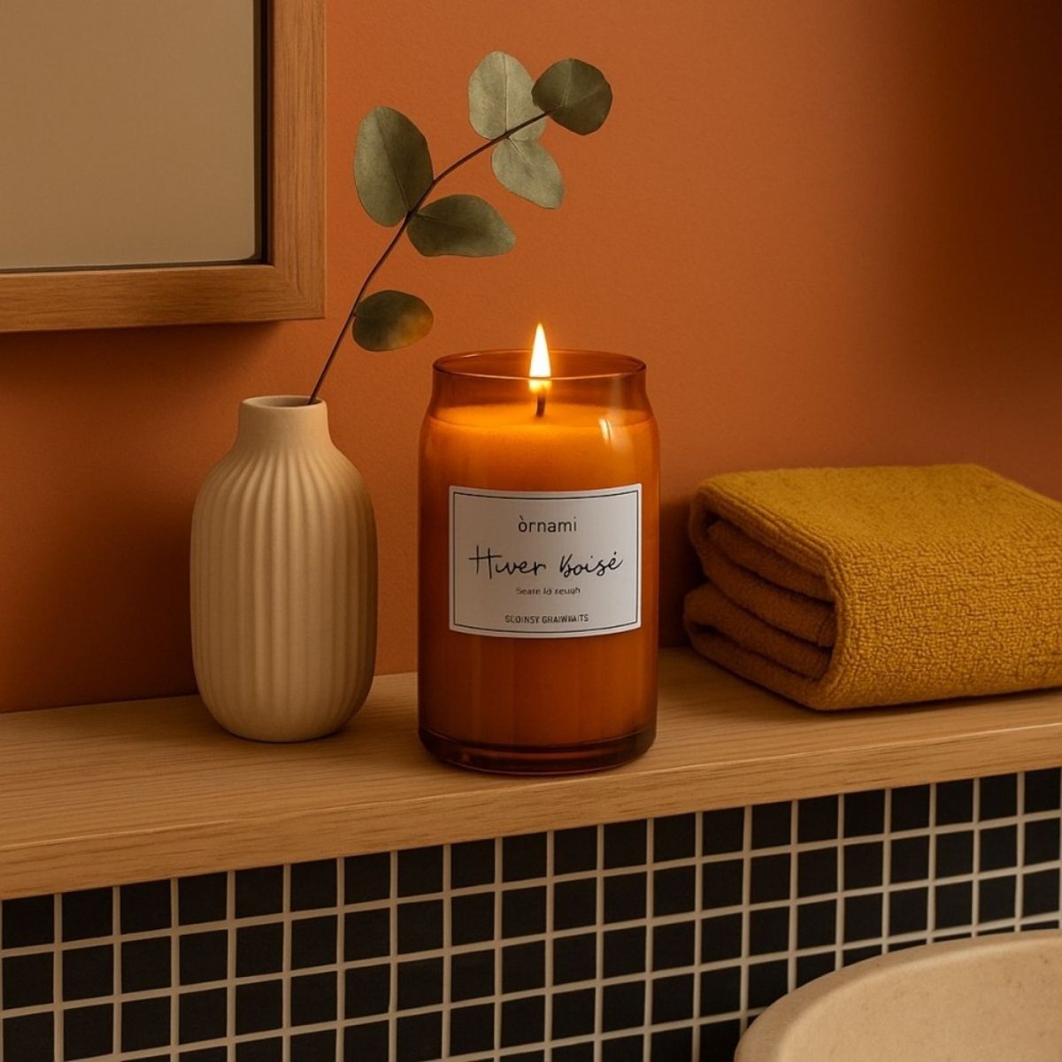 Bougie parfumée en cire de soja "Hiver boisé" 320g orange, ORNAMI