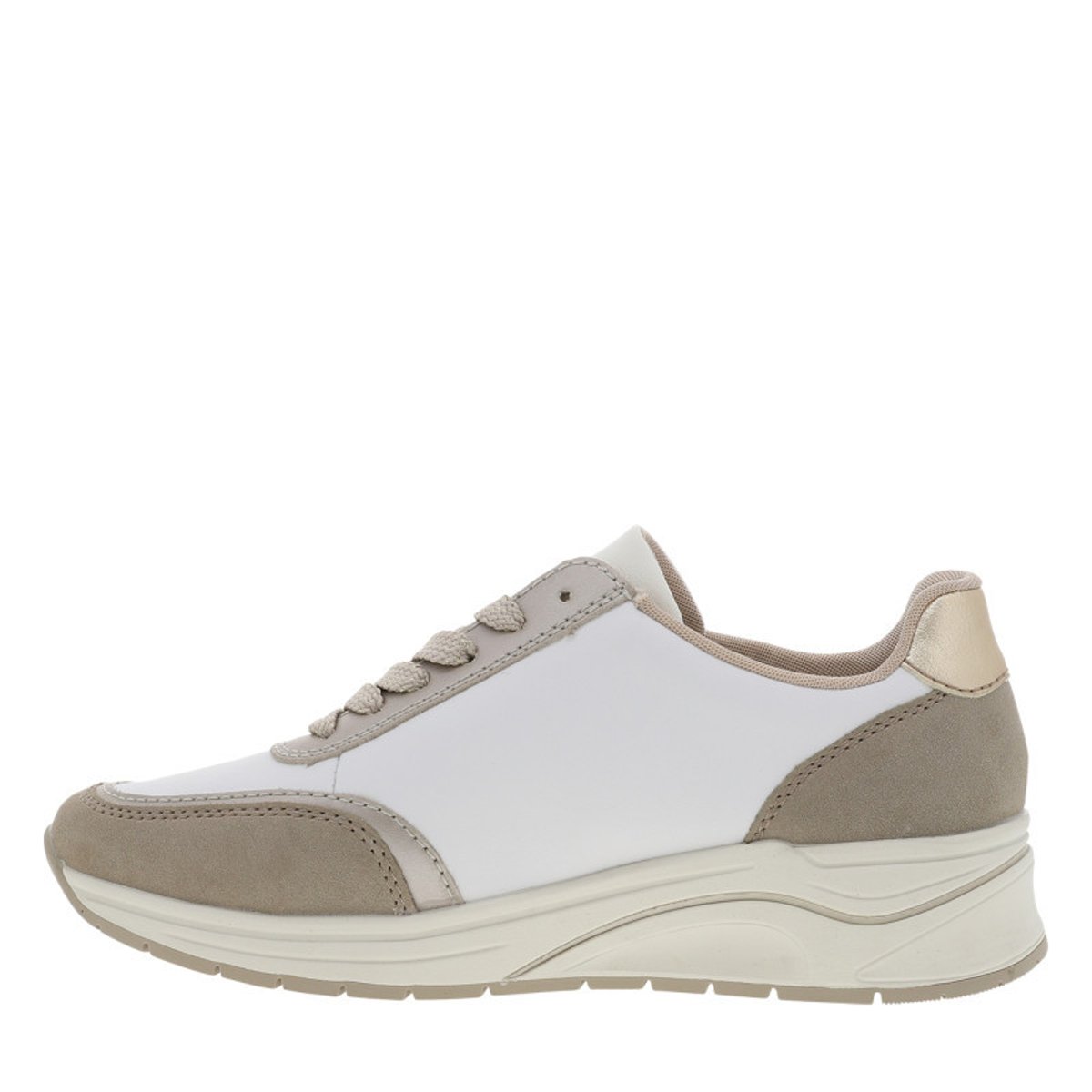 Sneakers en cuir blanches et dorées à talon compensé avec des lacets doré, RIEKER