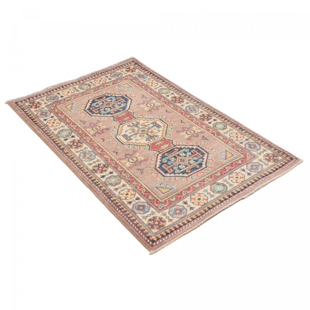 Tapis d'orient géométrique, noué main en laine, KAZAK CO 51 rose, bleu, crème, UN AMOUR DE TAPIS