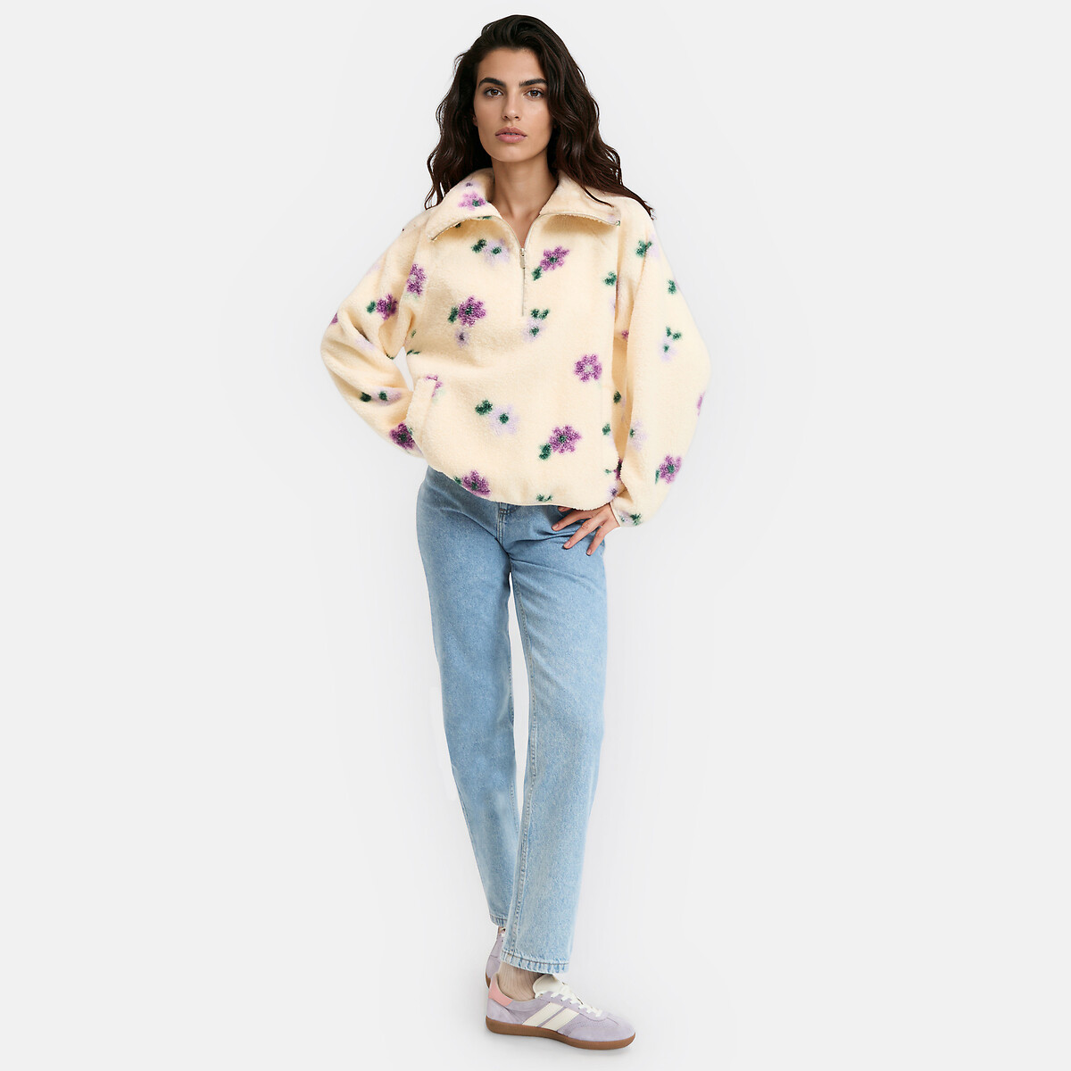 Sweat à col camionneur, en sherpa imprimé floral imprimé fleur, LA REDOUTE COLLECTIONS