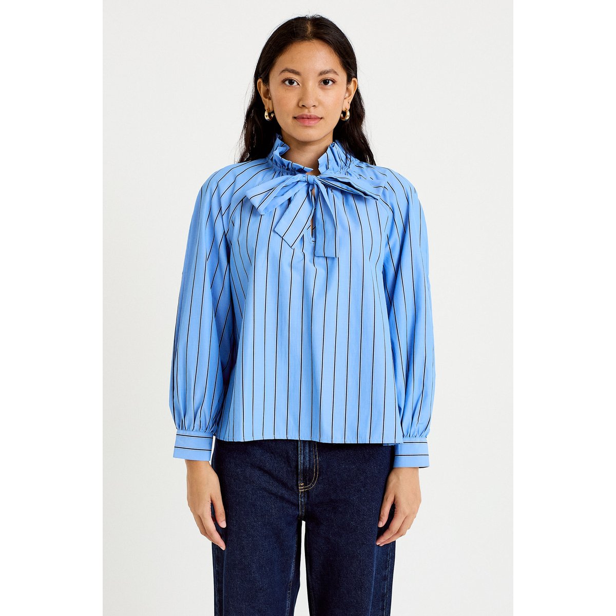 Blouse ample col montant manches longues bleu, CACHE CACHE