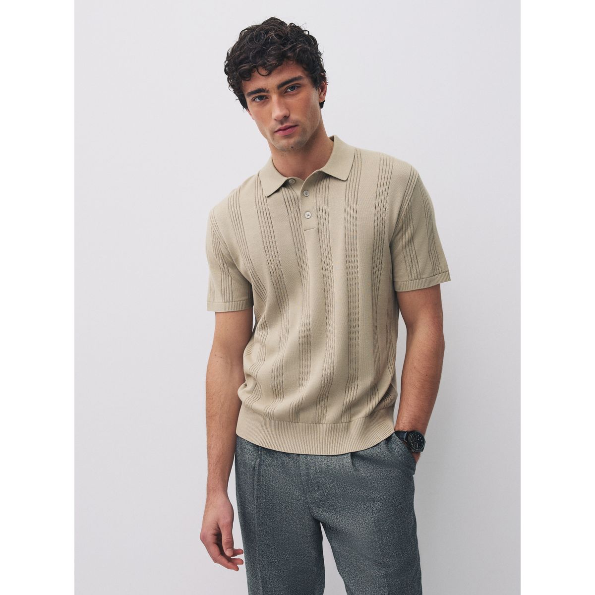 Polo standard rayé en pointelle, lot de 2 neutre/bleu marine, NEXT