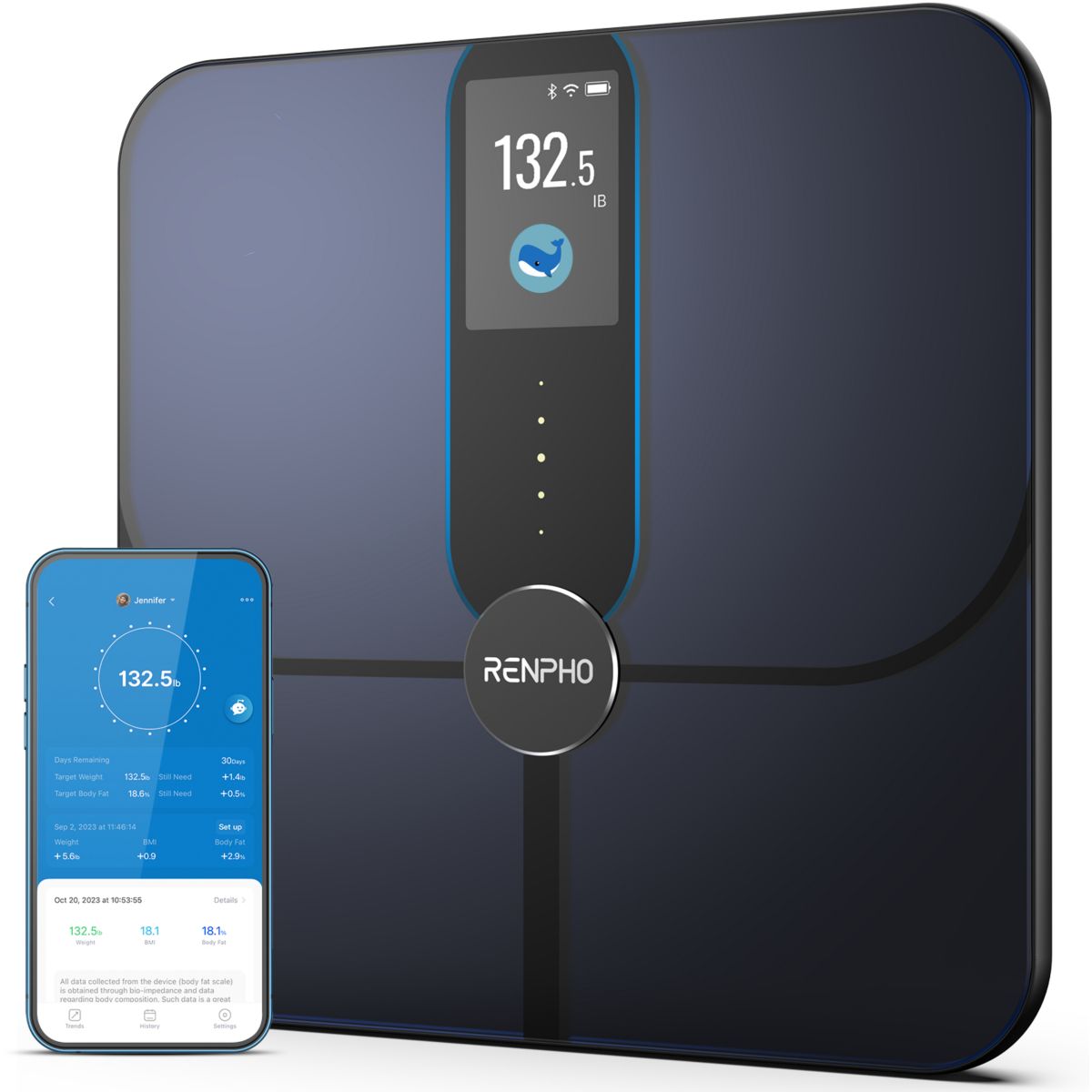 Pèse personne connecté Elis Nova A031- Impédancemètre Haute Précision Bluetooth, 13 Données corporelles - Rechargeable couleur unique, RENPHO