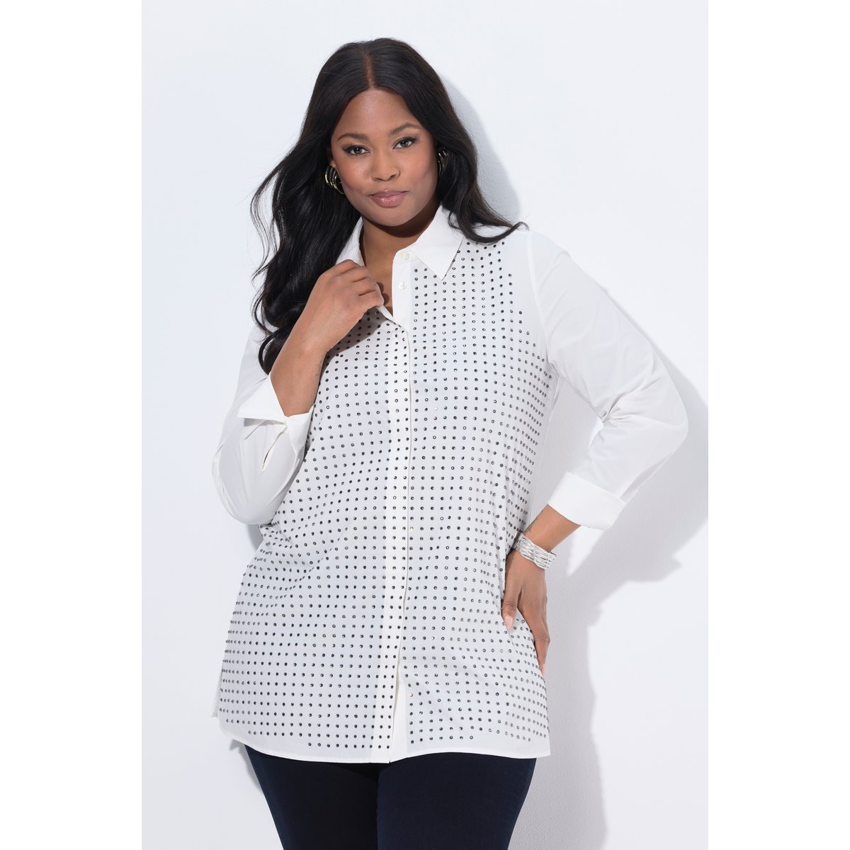 Chemisier évasé avec strass blanc neige, ULLA POPKEN