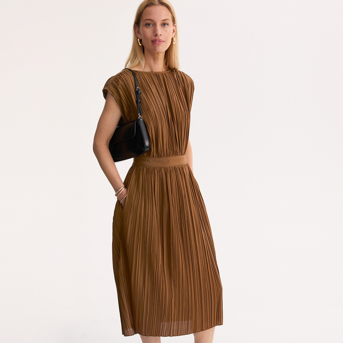 Robe plissée longueur midi sans manches bronze, ANNE WEYBURN