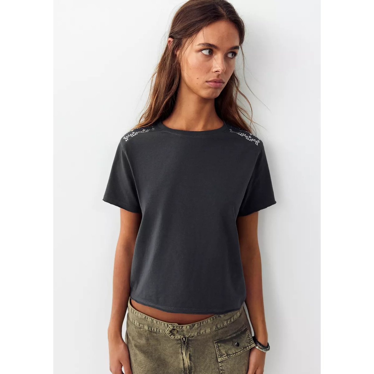 T-shirt coton à clous gris anthracite, MANGO TEEN