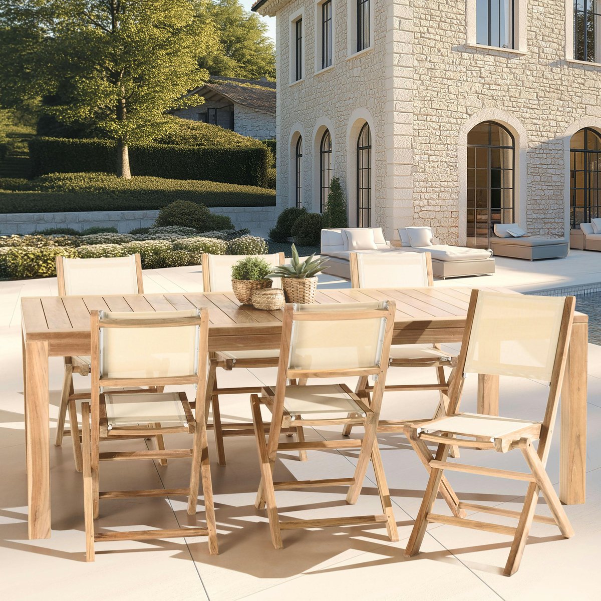 Ensemble de jardin extérieur grande table rectangle en teck 6 chaises ALERIA bois naturel, PIER IMPORT