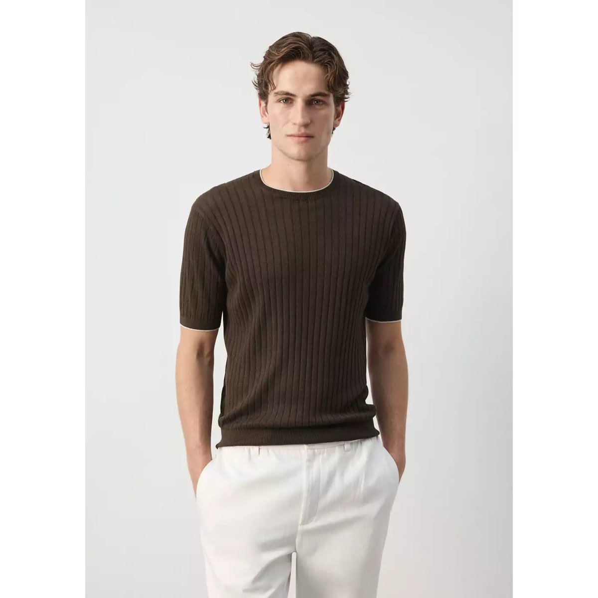 T-shirt en mélange de lin et lyocell côtelé marron, MANGO MAN