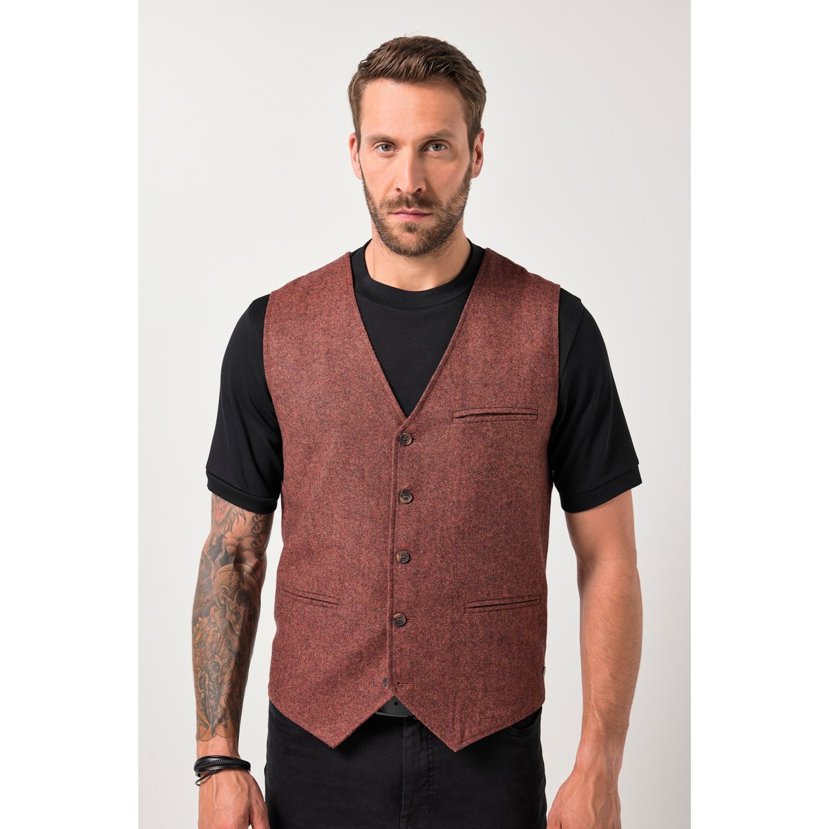 Gilet en tweed, lainage avec dos en maille rouge brique, JP1880