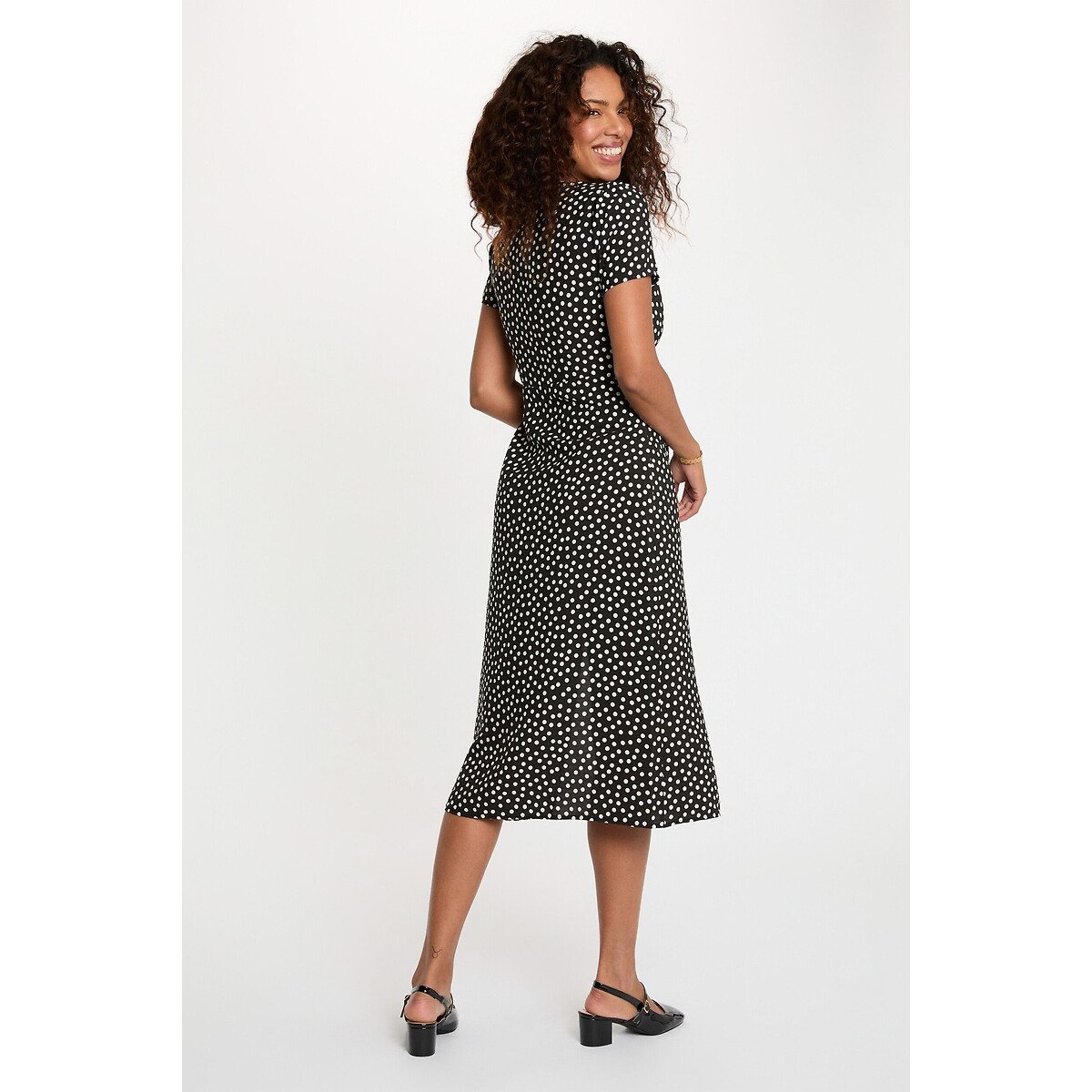 Vestido comprido de mangas curtas com decote em V preto , MORGAN