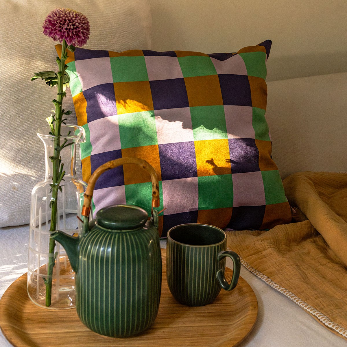 Housse de coussin en velours géométrique, CARO marron kaki, VENT DE BOHÈME