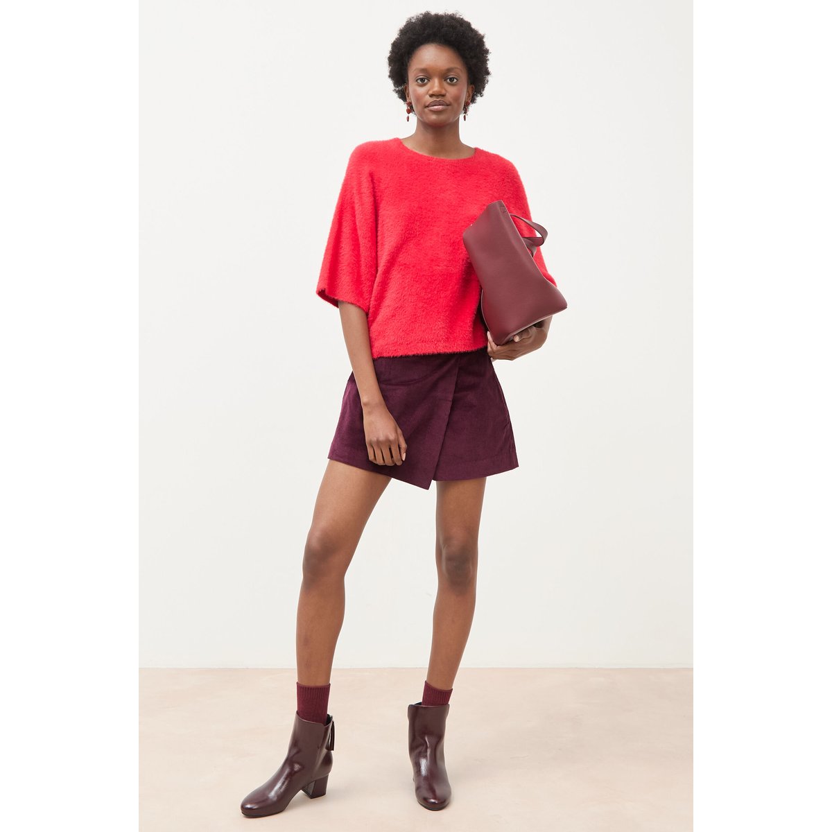 Pull droit manches 3/4 col rond rouge, BONOBO