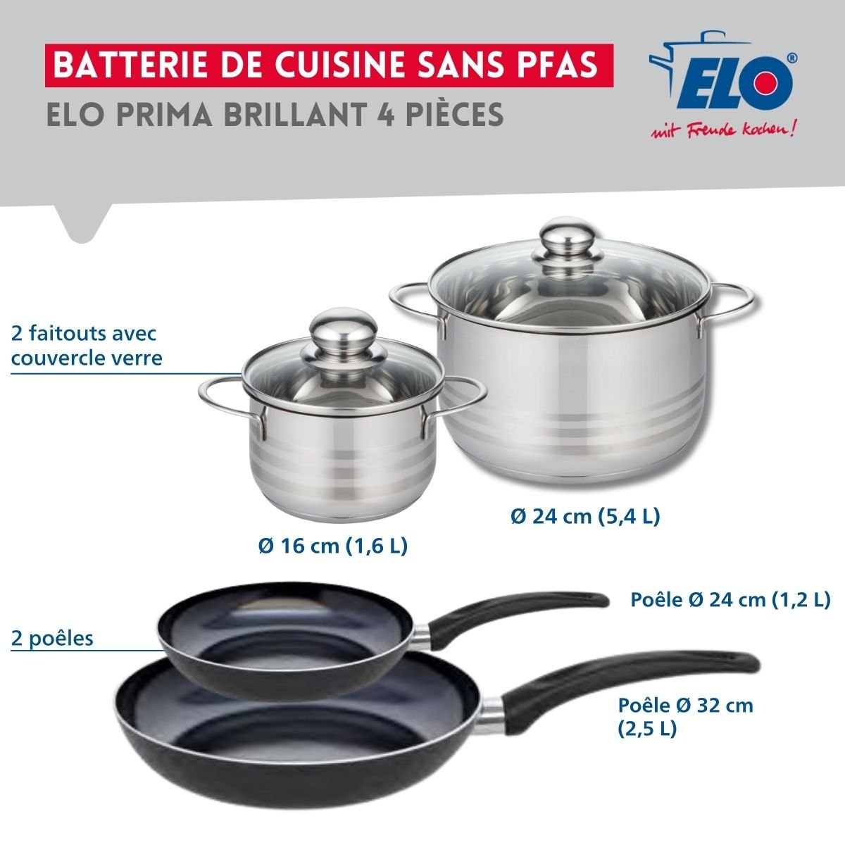 Batterie 2 poêles 24/32cm + 2 faitouts 16/24cm PRIMA BRILLANT noir, ELO