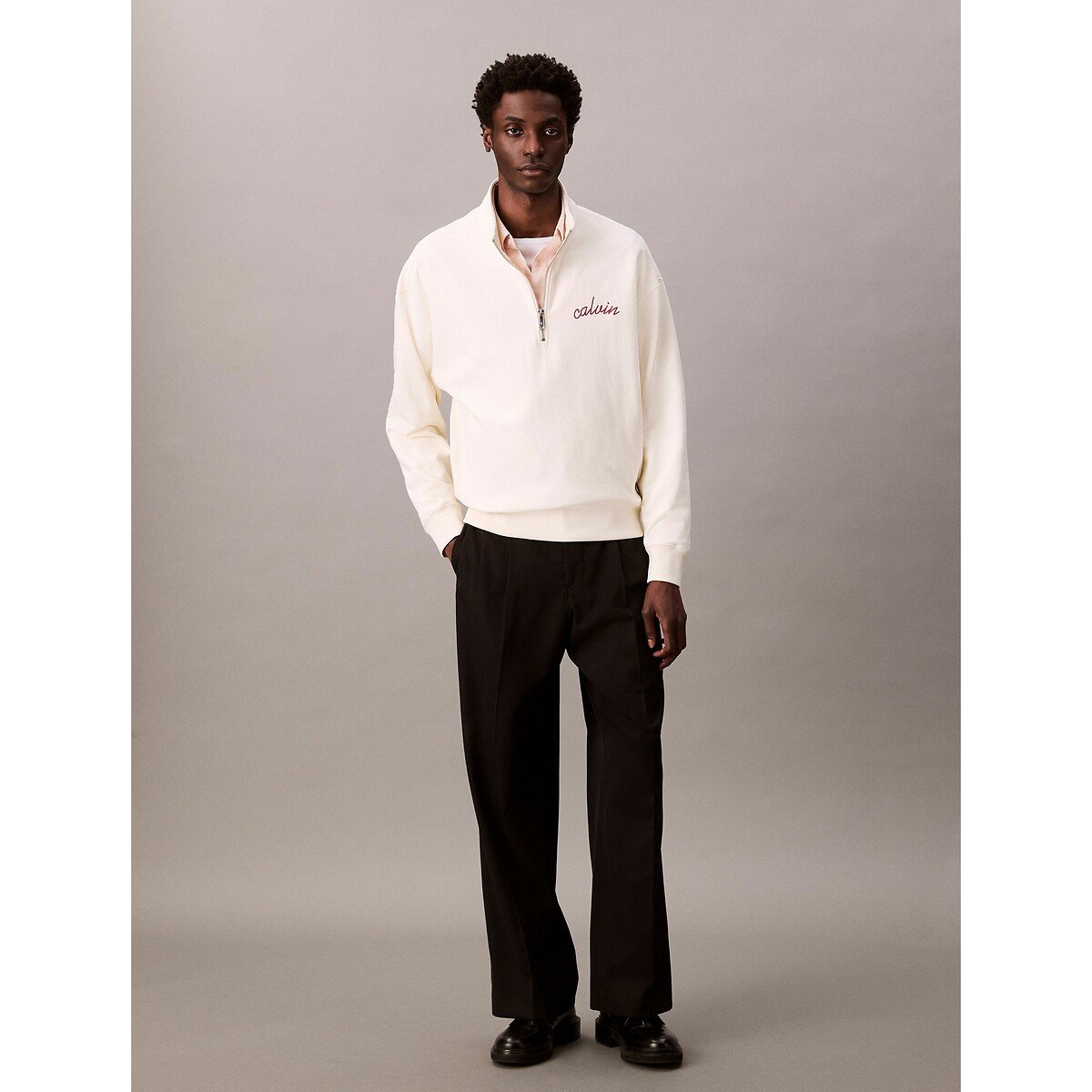 Half Zip High Neck Sweatshirt cream, CALVIN KLEIN JEANS